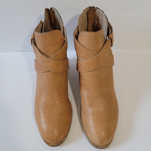 EILEEN FISHER Tan Leather Back Zip Bootie Sz 11 Chunky Block Heel Fall Academia - Picture 2 of 12